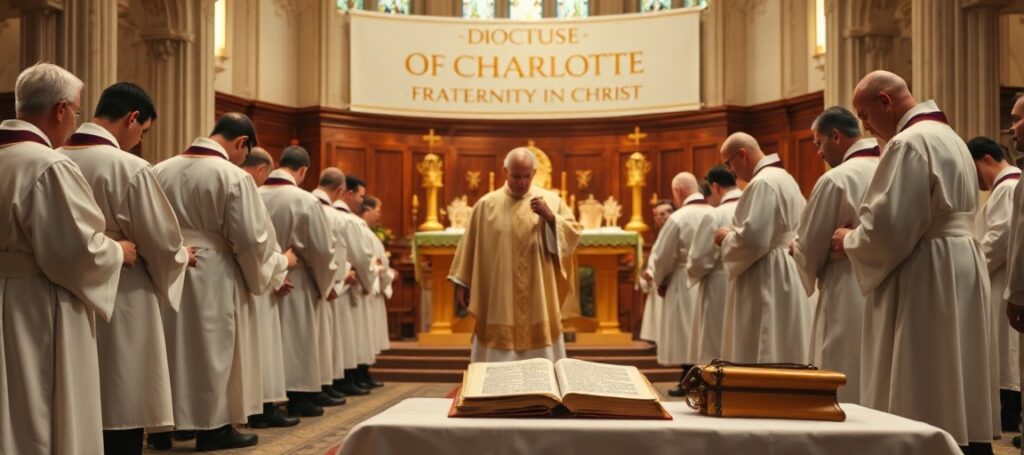 A solemn but subversive depiction of the 2026 ordination of ten men in Charlotte's Diocese, highlighting the absence of traditional Catholic sacramentality.