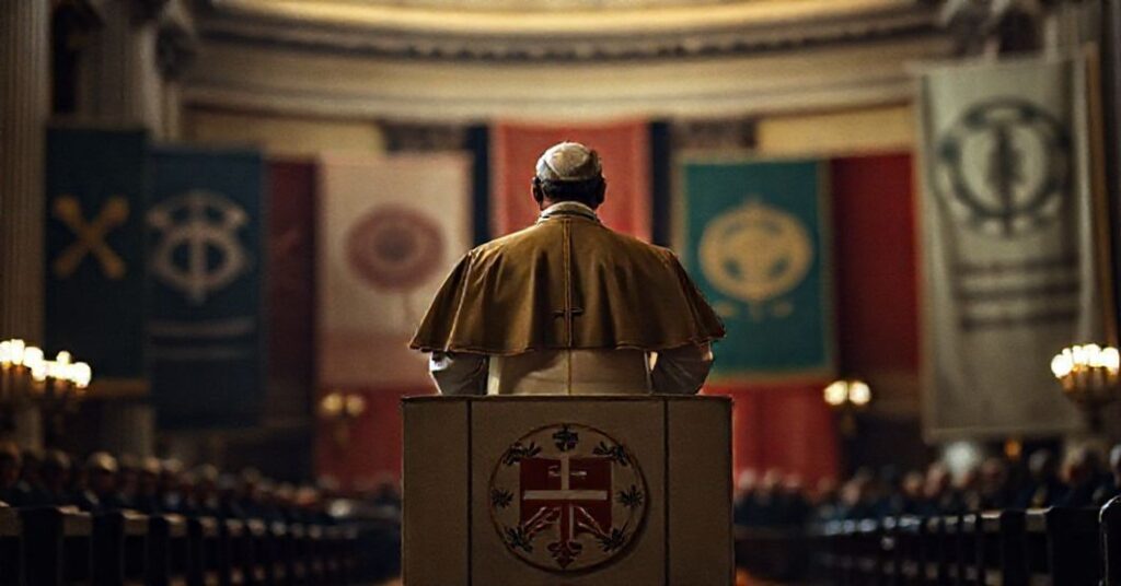 A solemn Vatican hall with Robert Prevost ('Leo XIV') addressing an audience on a naturalist 'peace' message devoid of Christ's Kingship.