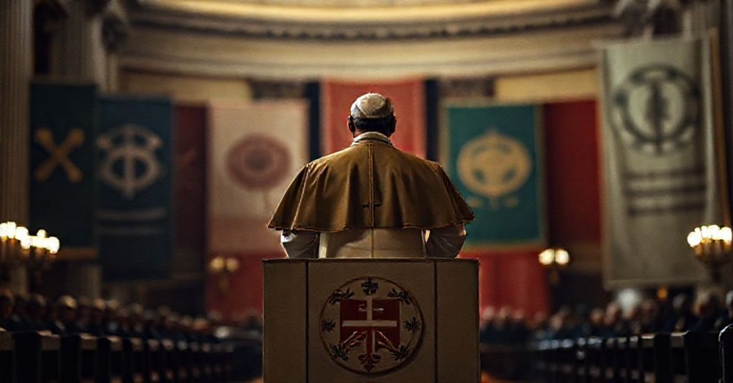 A solemn Vatican hall with Robert Prevost ('Leo XIV') addressing an audience on a naturalist 'peace' message devoid of Christ's Kingship.