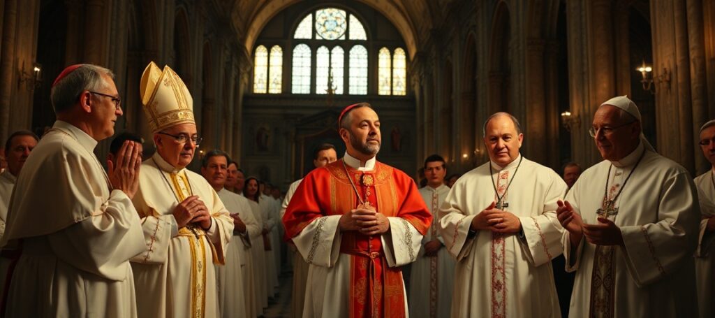 A solemn prayer vigil for peace led by conciliar bishops in a grand cathedral, highlighting the modernist apostasy of the conciliar sect.