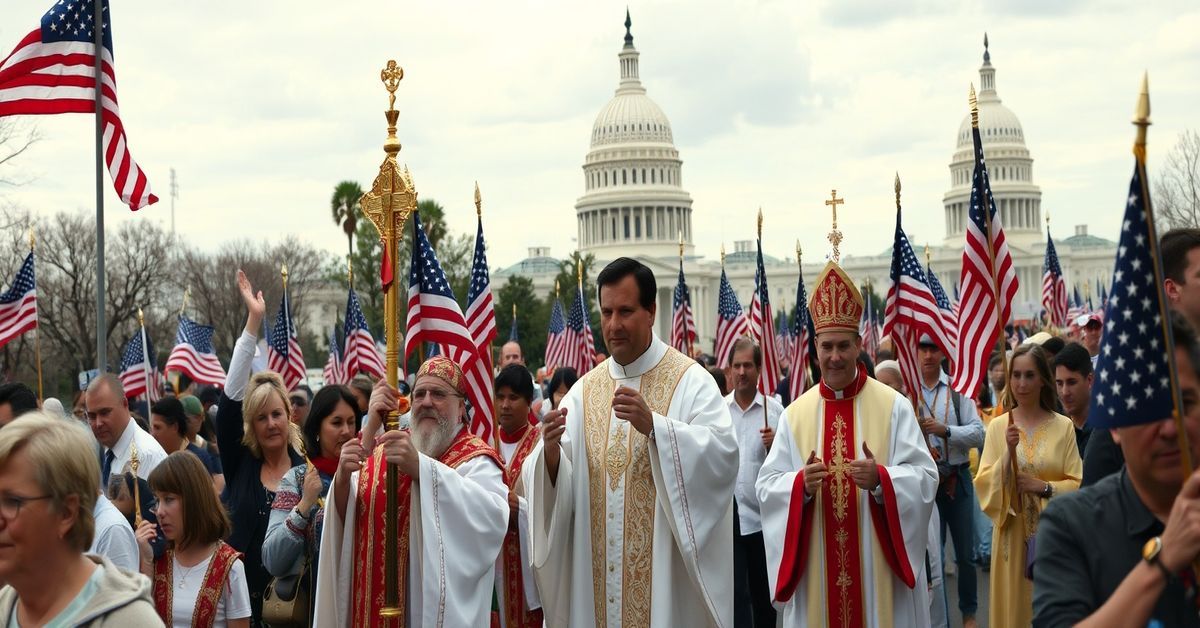 A solemn yet controversial depiction of the conciliar National Eucharistic Pilgrimage in Washington D.C., led by false bishops and archbishops, blending false patriotism with sacrilegious Eucharistic processions.