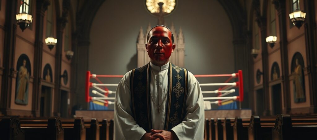 A dramatic depiction of a conciliar priest wrestling for orphans, contrasting sacred priesthood with secular spectacle.