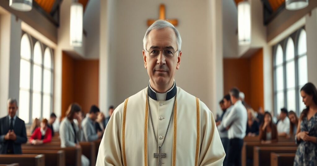 A conciliar priest stands in a modern church setting, reflecting the apostasy and desacralization of the priesthood.