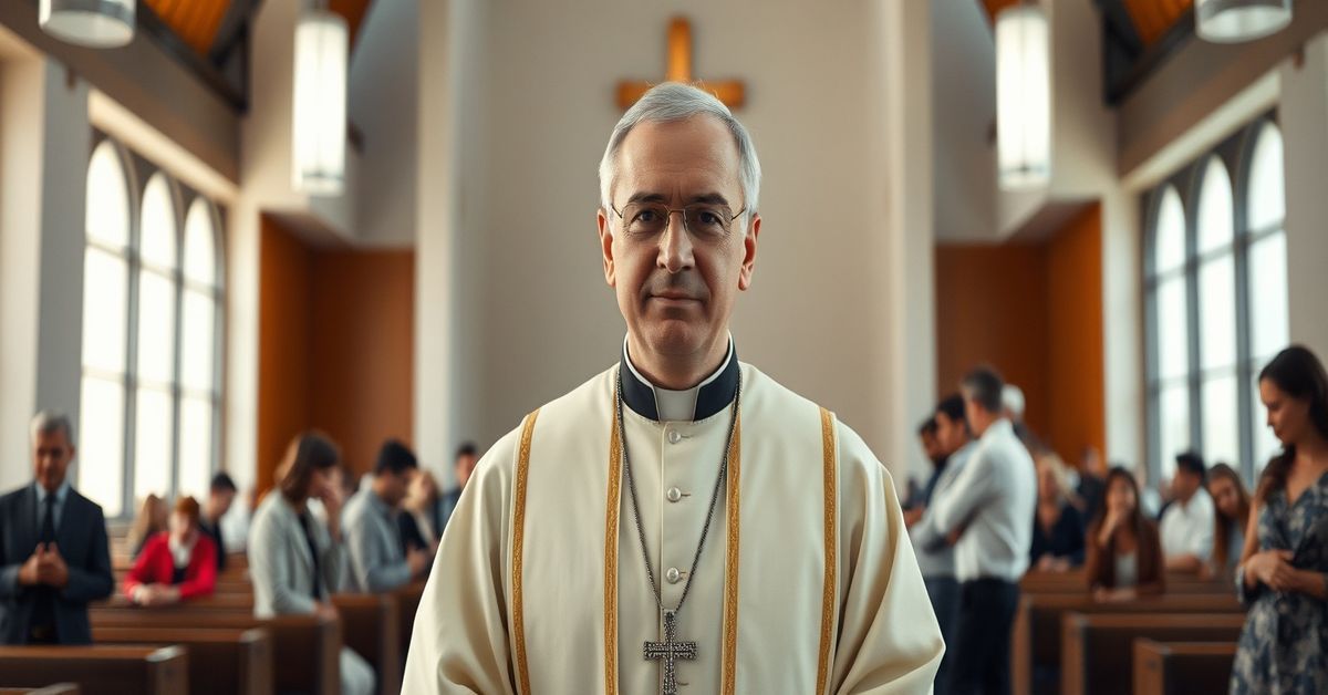 A conciliar priest stands in a modern church setting, reflecting the apostasy and desacralization of the priesthood.
