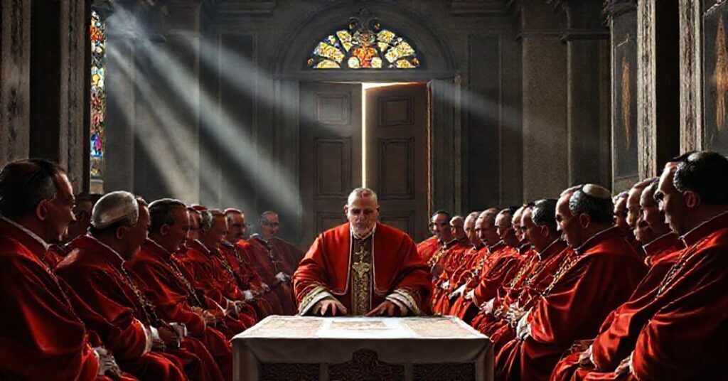 A solemn gathering of pseudo-cardinals in the Vatican's Sistine Chapel presided by false 'Pope' Leo XIV (Robert Prevost), symbolizing the conciliar sect's apostasy and rejection of divine authority.