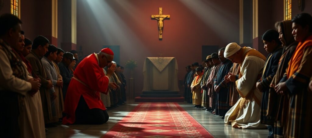 Cardinals kneeling before indigenous campesinos in a 'Mass of Reparation' in Catacaos, Peru, symbolizing the conciliar sect's inversion of divine hierarchy and sacramental order.