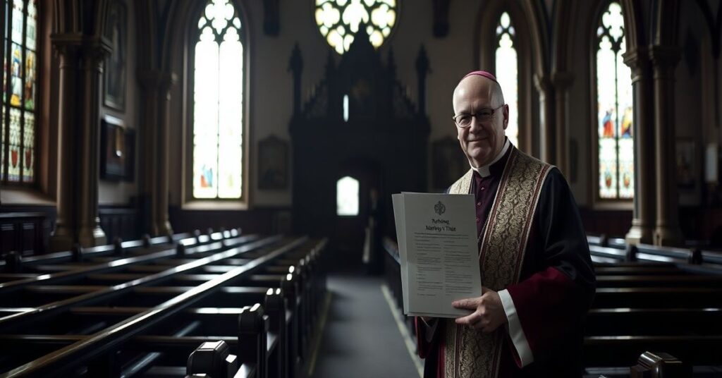 Archbishop Eamon Martin in an empty church holding a document titled 'Turning the Tide,' symbolizing the spiritual emptiness of the conciliar sect's claimed revival.