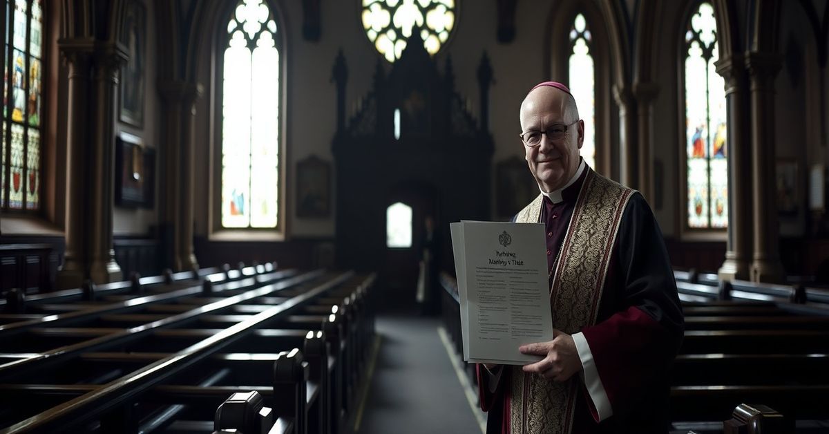 The Illusion of Revival in Conciliar Ireland Archbishop Eamon Martin in an empty church holding a document titled 'Turning the Tide,' symbolizing the spiritual emptiness of the conciliar sect's claimed revival.
