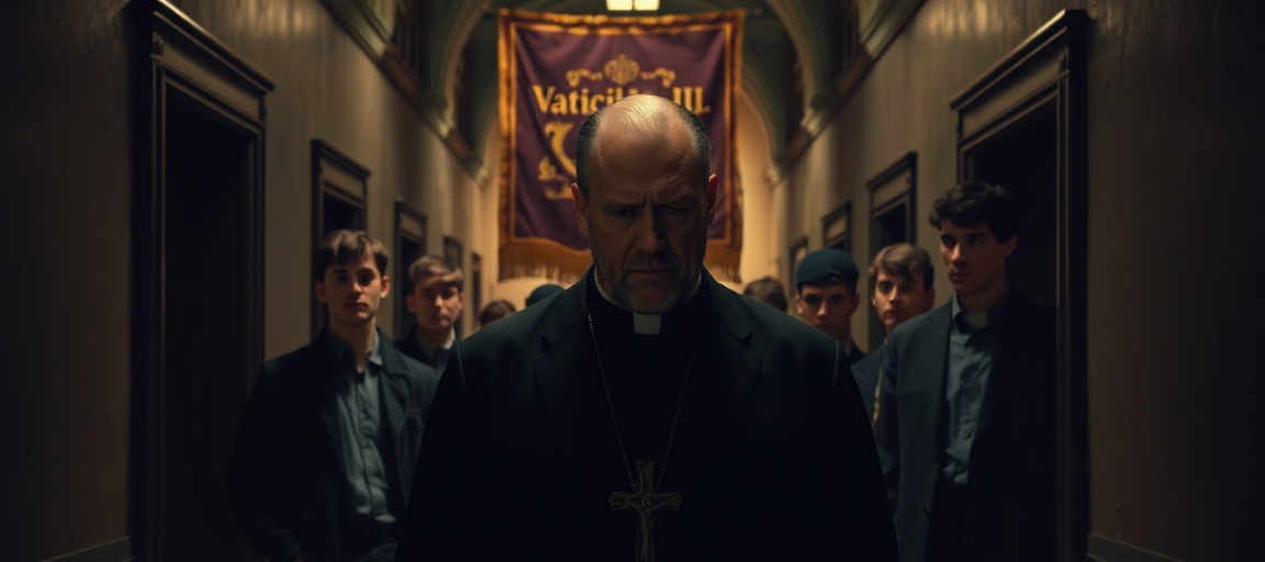 A somber depiction of Holy Cross Father Thomas King and his victims in Zahm Hall at Notre Dame, symbolizing the moral decay of the conciliar sect.