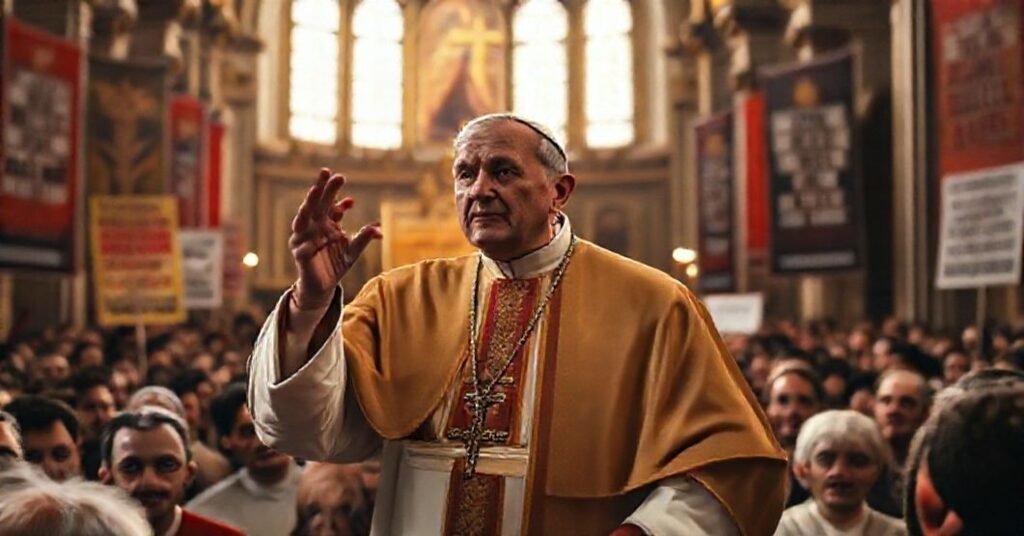 Antipope Leo XIV promoting man-centered activism during a Jubilee Audience in a traditional Catholic church setting.