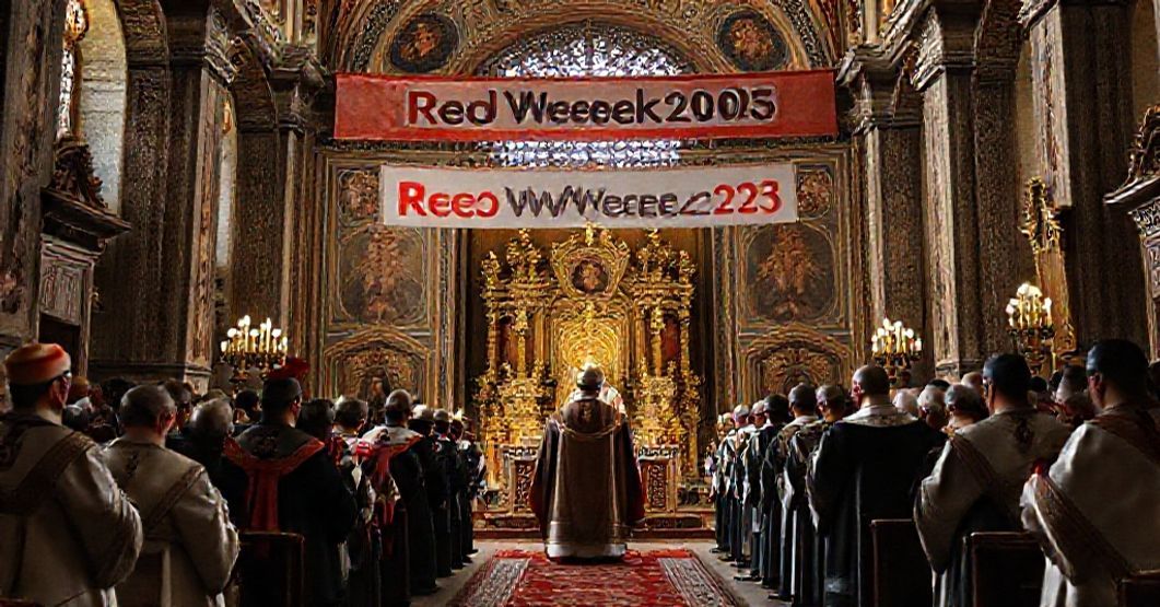 A solemn depiction of the illegitimate installation of Claudiu-Lucian Pop as "Major Archbishop" by an antipapal envoy in a grand Eastern Catholic cathedral.