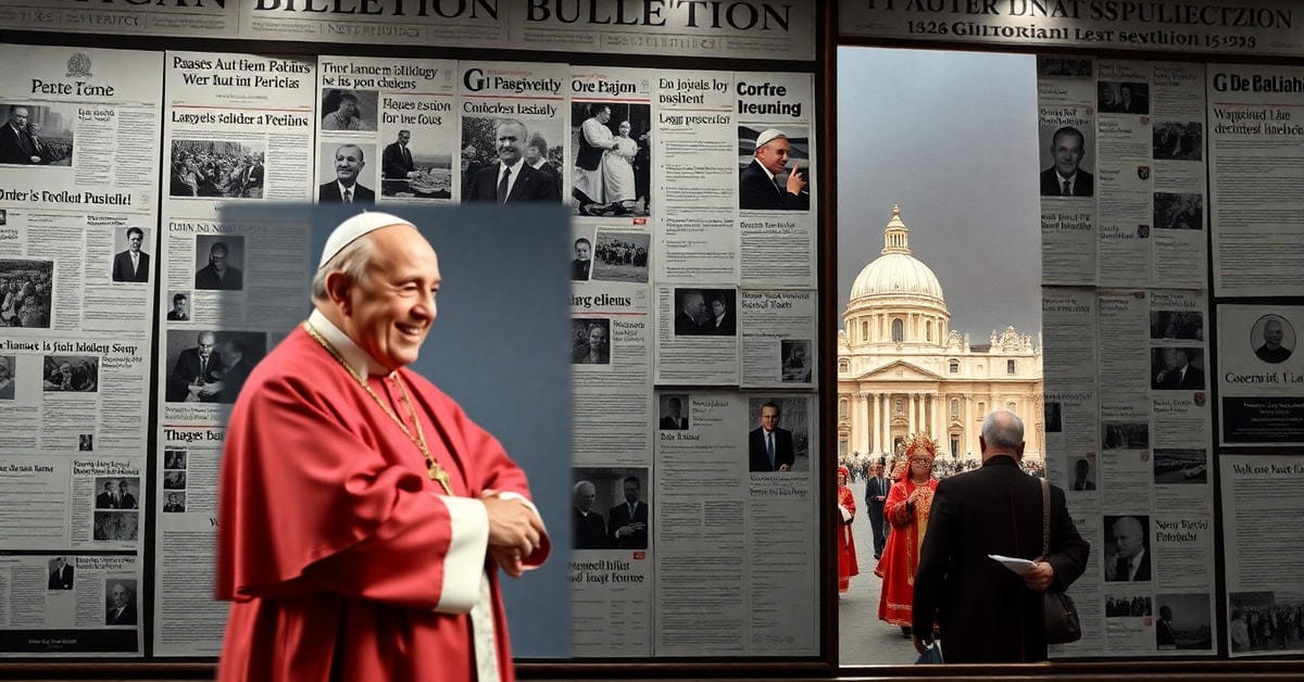 A somber depiction of the modernist Vatican's bureaucratic and diplomatic activities, highlighting apostasy and indifference to the supernatural.