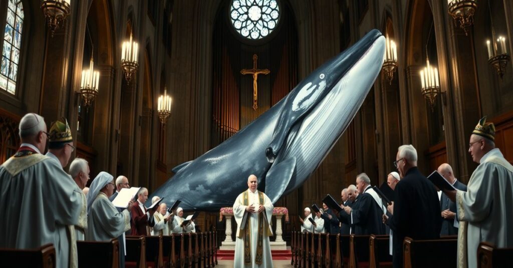 A solemn Catholic church interior with a 45-foot cast of a dead humpback whale intruding into the sanctuary, juxtaposed with bishops in modern vestments making peace appeals.