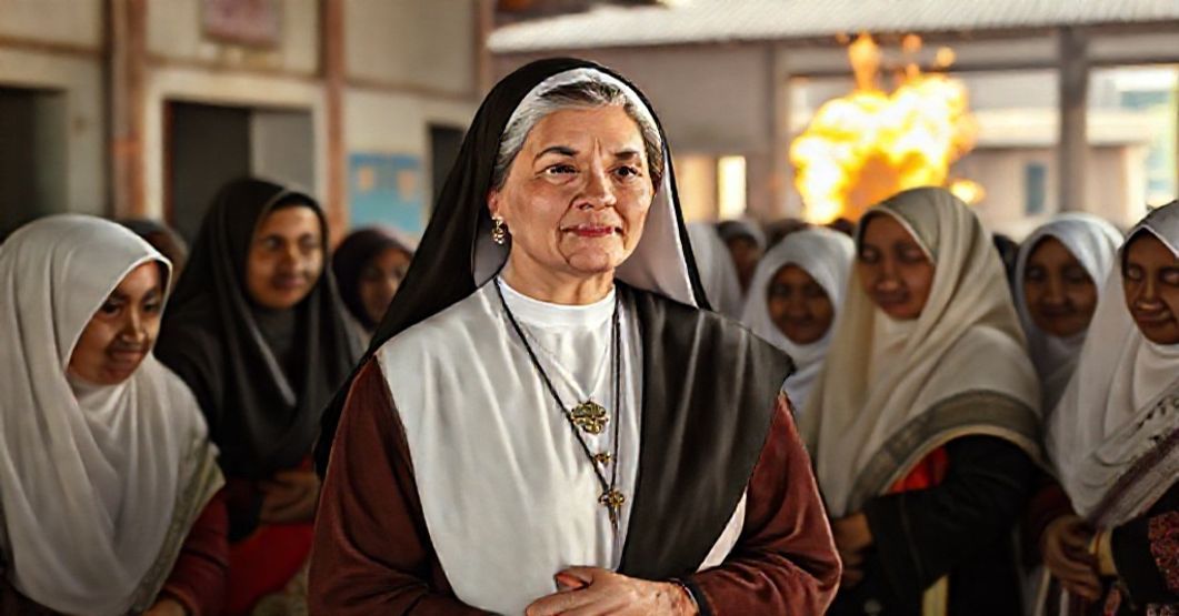 Sister Tiziana Merletti in Bangladesh surrounded by women in religious habits engaged in interfaith dialogue amidst Catholic schools and social programs.