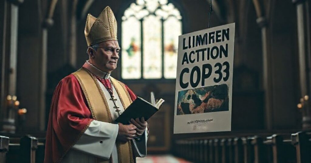A traditional Catholic bishop in full vestments gazes disapprovingly at a COP30 climate protest poster inside a reverent church setting.
