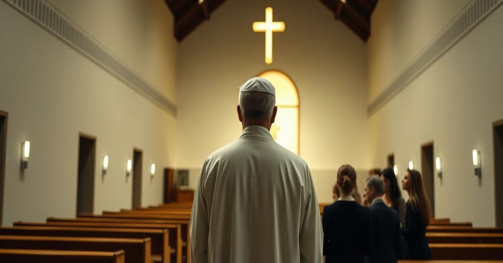 Traditional Catholic priest confronting empty modernist church with unaware converts.