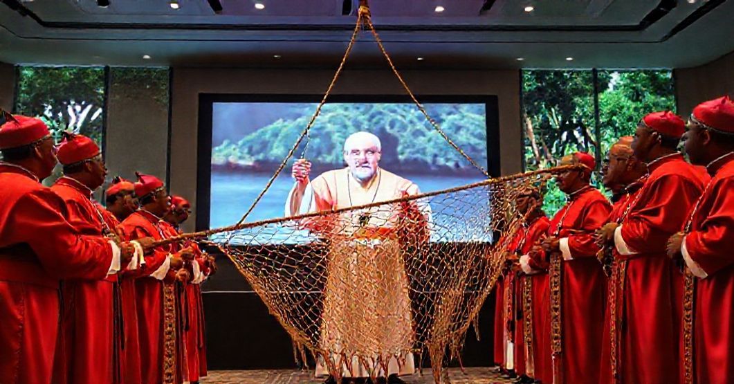 Antipope Robert Prevost (Leo XIV) addressing COP30, surrounded by cardinals presenting a pagan fishing net in a solemn environmental summit.