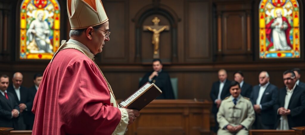 A traditional Catholic bishop in liturgical vestments stands before a courtroom, holding the 1917 Code of Canon Law, symbolizing the conflict between divine law and secular authority.