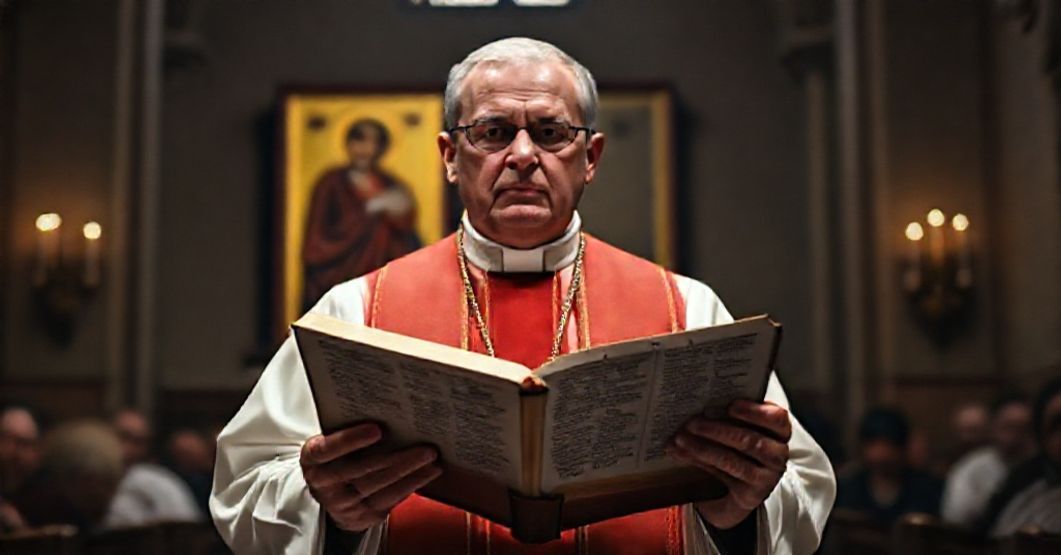 A Catholic priest in traditional vestments addresses a congregation, emphasizing the importance of doctrinal purity and the dangers of modernist heresies.