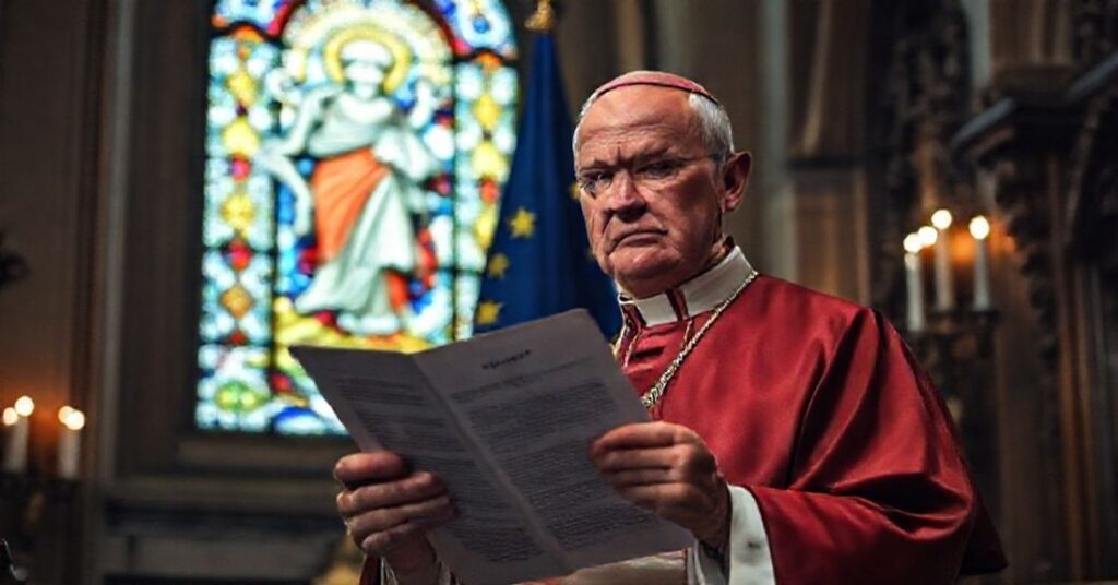 Catholic bishop in traditional vestments expresses concern over EU ruling on same-sex unions in a dimly lit cathedral chapel.