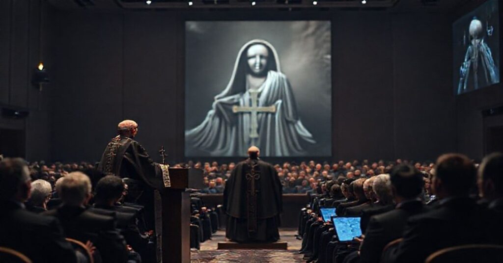 Jorge Bergoglio addressing a modernist conciliar audience about artificial intelligence in a spiritually barren conference hall.