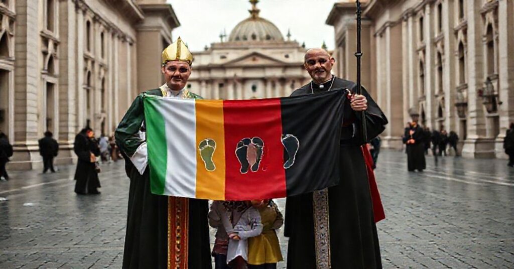Antipope Robert Prevost and Cardinal Kevin Farrell with children in St. Peter's Square, promoting a globalist agenda under the guise of peace.