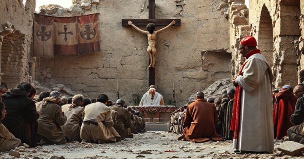 Traditional Catholic Mass in the Holy Land with persecuted Christians praying amidst ruins.