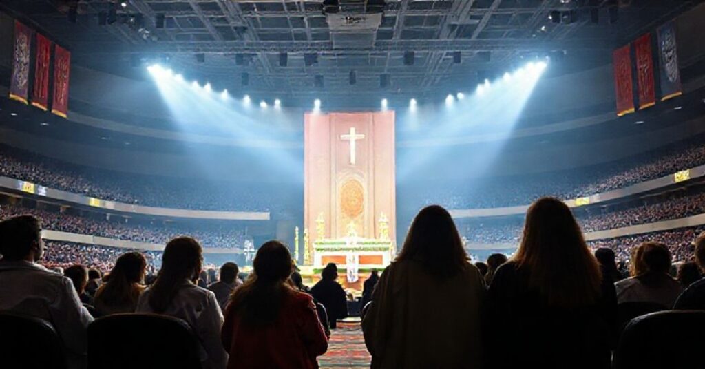 A somber scene from the National Catholic Youth Conference in Indianapolis showing teenagers engaging in a digital dialogue with antipope Leo XIV amidst a modernist setting.