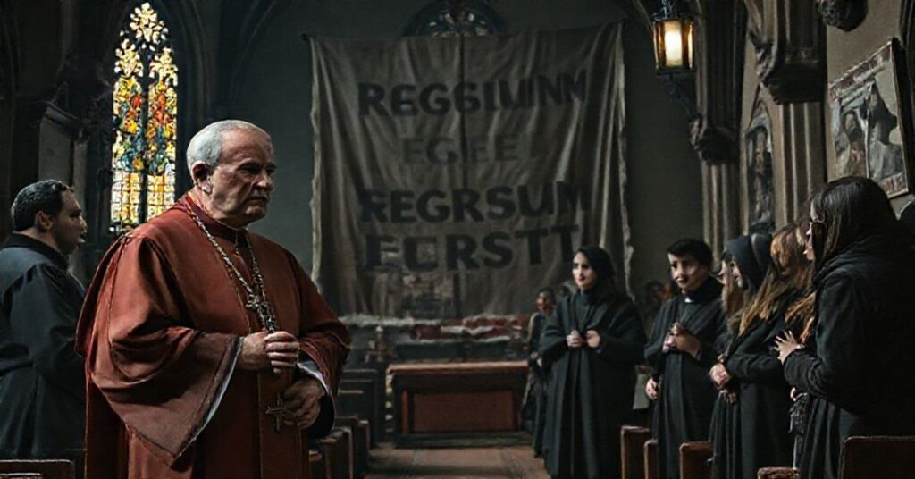 A solemn Catholic bishop in traditional vestments stands in a Czech chapel with Hussite-era stained glass, contrasting with modernist 'clerics' and atheist youth.