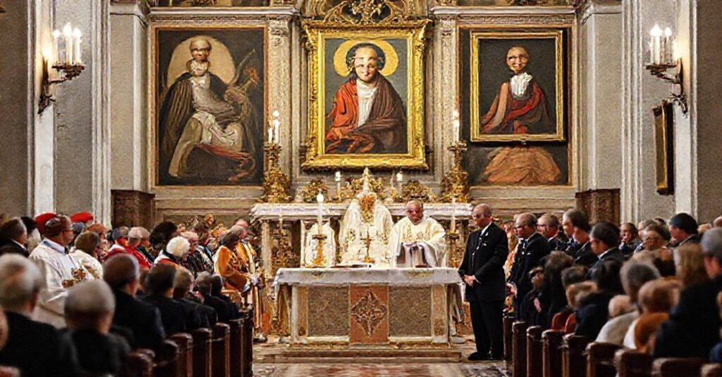 A solemn Mass at Rome's Gesó e Maria church on November 25, 2025, commemorating the false "Basic Agreement" between the conciliar Vatican and Slovakia. Paul Gallagher and U.S. ambassador Brian Burch stand at the altar, surrounded by apostate bishops and secular leaders.