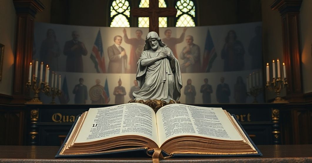 A traditional Nativity scene juxtaposed with modernist symbols of humanistic peace in a Catholic church setting.