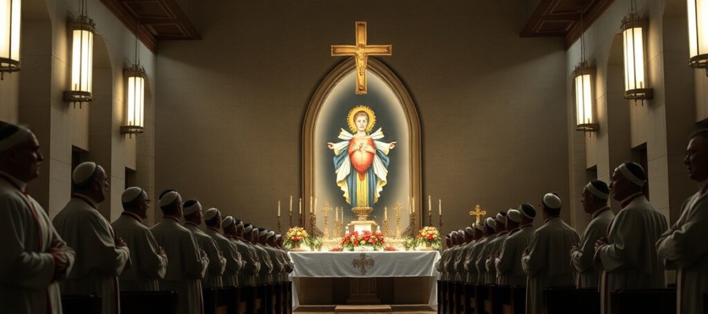 U.S. bishops in modernist chapel during false Sacred Heart consecration, reflecting apostasy of the Conciliar Sect.