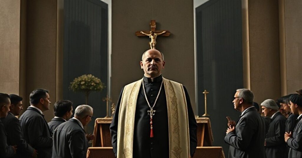 Enrique Shaw portrayed as a faux saint, blending modern business with false Catholic sanctity in a somber setting.