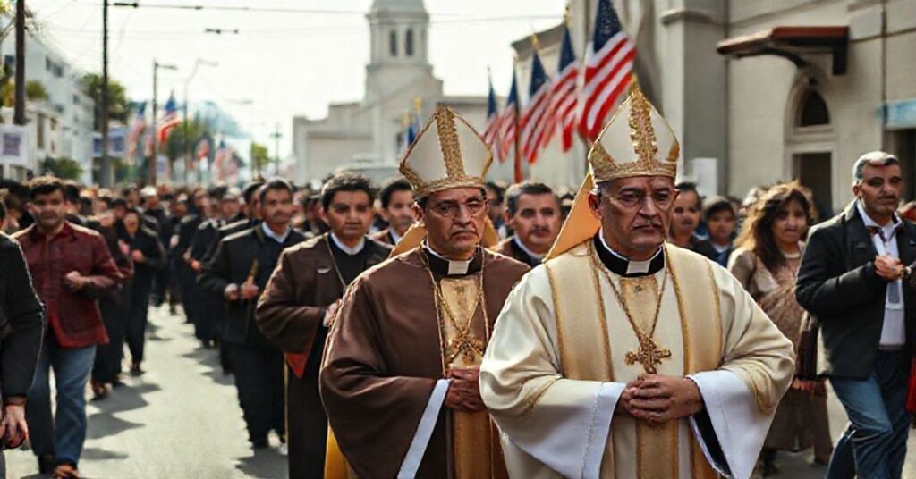 A solemn Catholic procession led by Archbishop José Gómez in Los Angeles, highlighting concerns over immigration policies and national sovereignty.