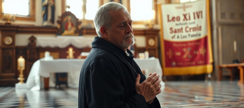 A devout Catholic pilgrim kneeling in prayer before an altar with relics of St. Francis, symbolizing true devotion amid modernist apostasy.