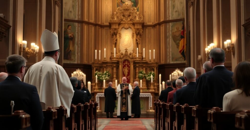 A solemn Catholic ceremony honoring AI ethicist Fr. Paolo Benanti in Seoul's cathedral, reflecting the conciliar sect's spiritual bankruptcy.