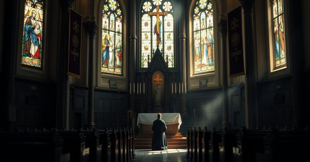 A somber Catholic church interior reflecting the theological bankruptcy of the conciliar sect.