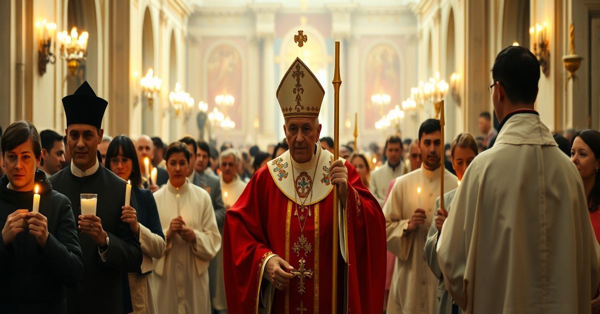 A modernist Holy Week procession in Vatican City led by a conciliar "pope" with minimal traditional Catholic symbolism.