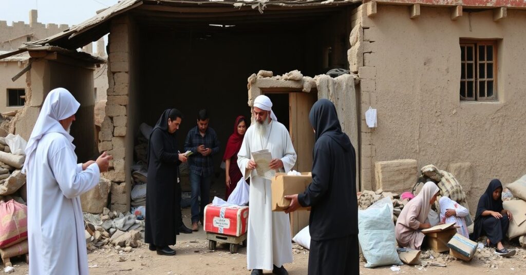 Aid workers from the Order of Malta Lebanon distribute supplies to displaced families in a war-torn village, highlighting the absence of spiritual elements in modern humanitarian efforts.