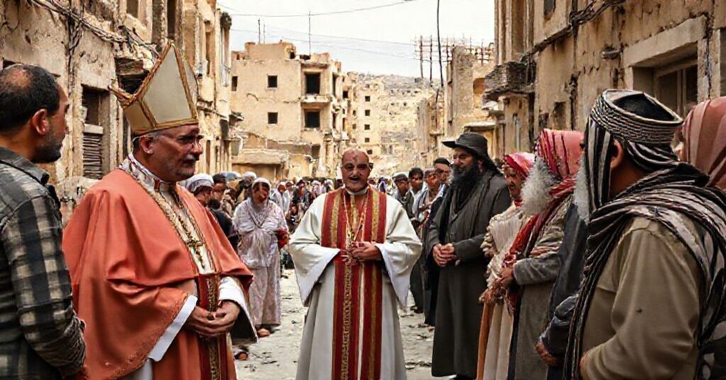 A Catholic bishop in traditional vestments stands in Baalbek, Lebanon, surrounded by struggling Christian families and engaging in interfaith dialogue with a Hezbollah-affiliated Muslim leader.