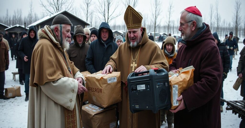 Antipope Leo XIV and "cardinal" Krajewski distribute material aid in Ukraine, symbolizing the conciliar sect's abandonment of spiritual charity.