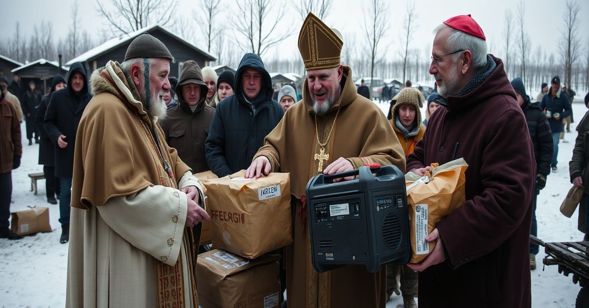 Antipope Leo XIV and "cardinal" Krajewski distribute material aid in Ukraine, symbolizing the conciliar sect's abandonment of spiritual charity.