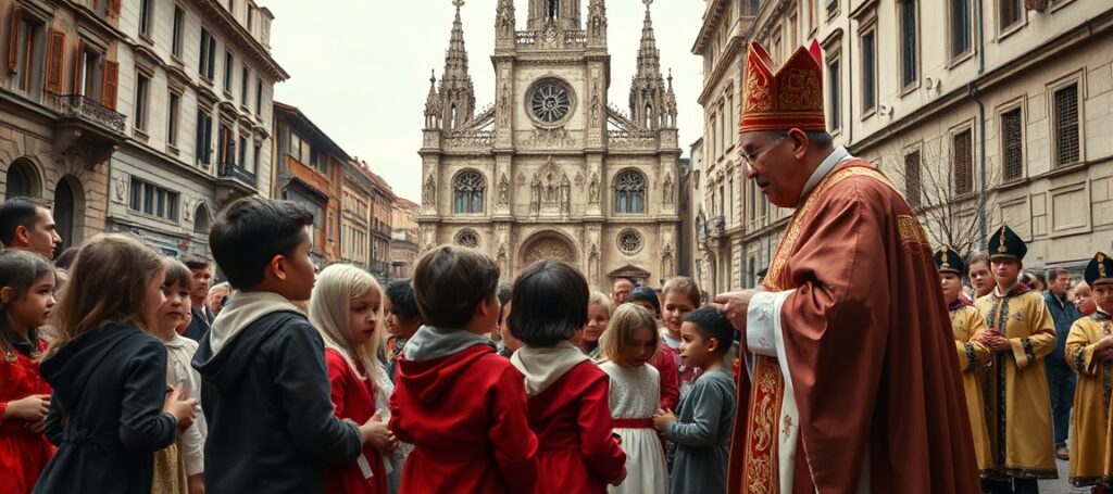 A solemn Catholic image contrasting the conciliar sect's focus on migrants with the true Church's mission of saving souls.