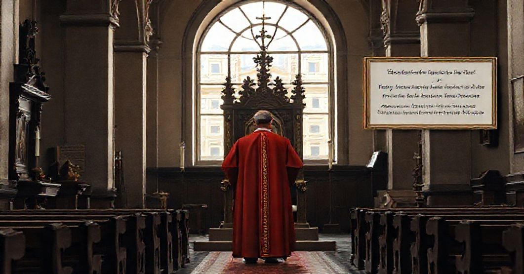 Theological Crisis of the Conciliar Sect's Modernist Agenda A reverent Catholic church interior with a sedevacantist clergy member before an empty papal throne, reflecting the theological crisis of the Conciliar Sect's modernist agenda.