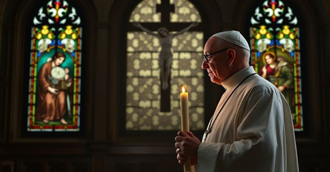 A solemn Catholic priest in traditional garb gazes at a broken crucifix in a dimly lit church, reflecting the moral decay of the conciliar sect and the catastrophic catechetical failure regarding IVF.