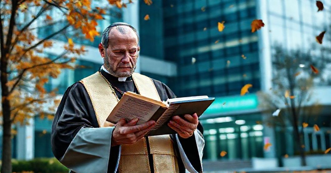 Conciliar Sect's Naturalistic Warnings on AI Expose Deeper Apostasy A Catholic priest in traditional vestments stands solemnly before a modern hospital, holding Quas Primas and looking at a digital tablet with AI algorithms, symbolizing the conflict between faith and modern medicine.