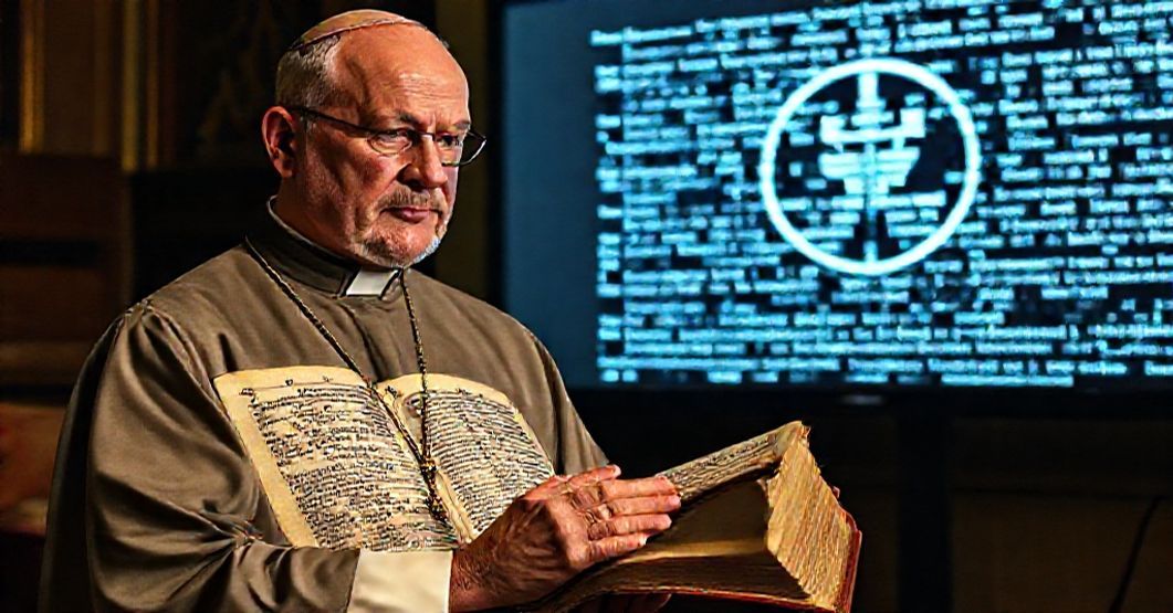 The Conciliar Sect's Digital Scripture Distortion A Catholic priest in traditional vestments safeguarding Sacred Scripture from digital distortion promoted by the Conciliar Sect