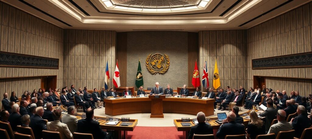 A solemn scene of a UN Security Council debate with representatives from the Conciliar Sect addressing the assembly, lacking references to Christ the King.