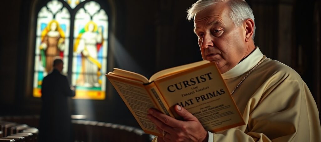 A traditional Catholic priest holding Quas Primas in a church with stained glass depicting Christ the King, symbolizing the absence of supernatural truth in modern geopolitical conflicts.
