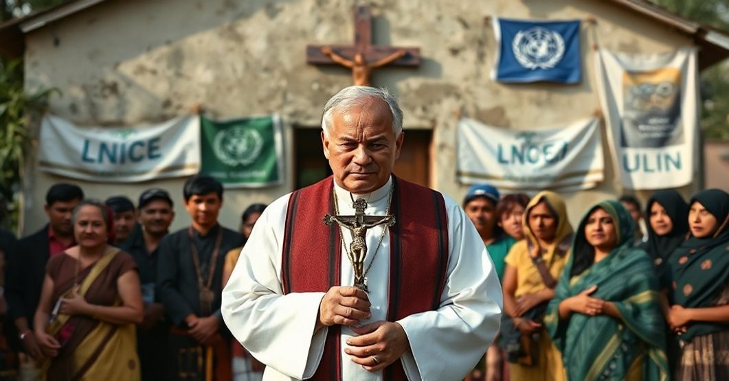 A solemn Catholic priest in traditional cassock stands before indigenous people holding a crucifix, contrasting with modern environmentalist banners.